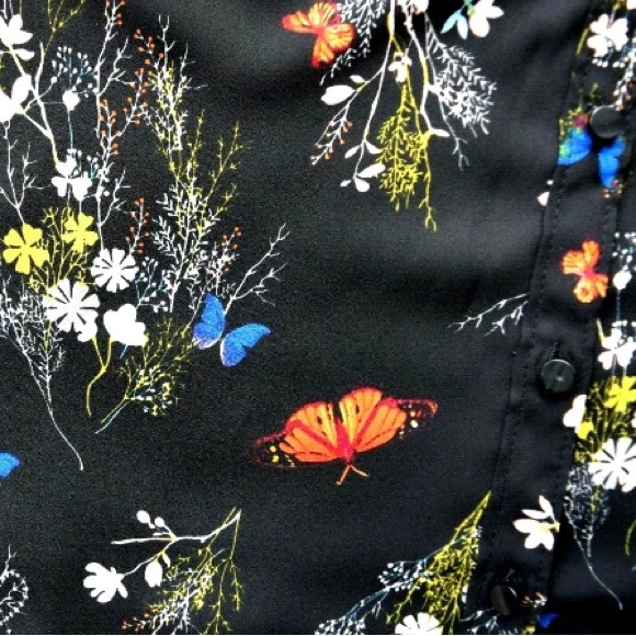 Worthington Women Black Multi Butterflies Flowers Long Sleeve Shirt Blouse, Sz S - Picture 7 of 7